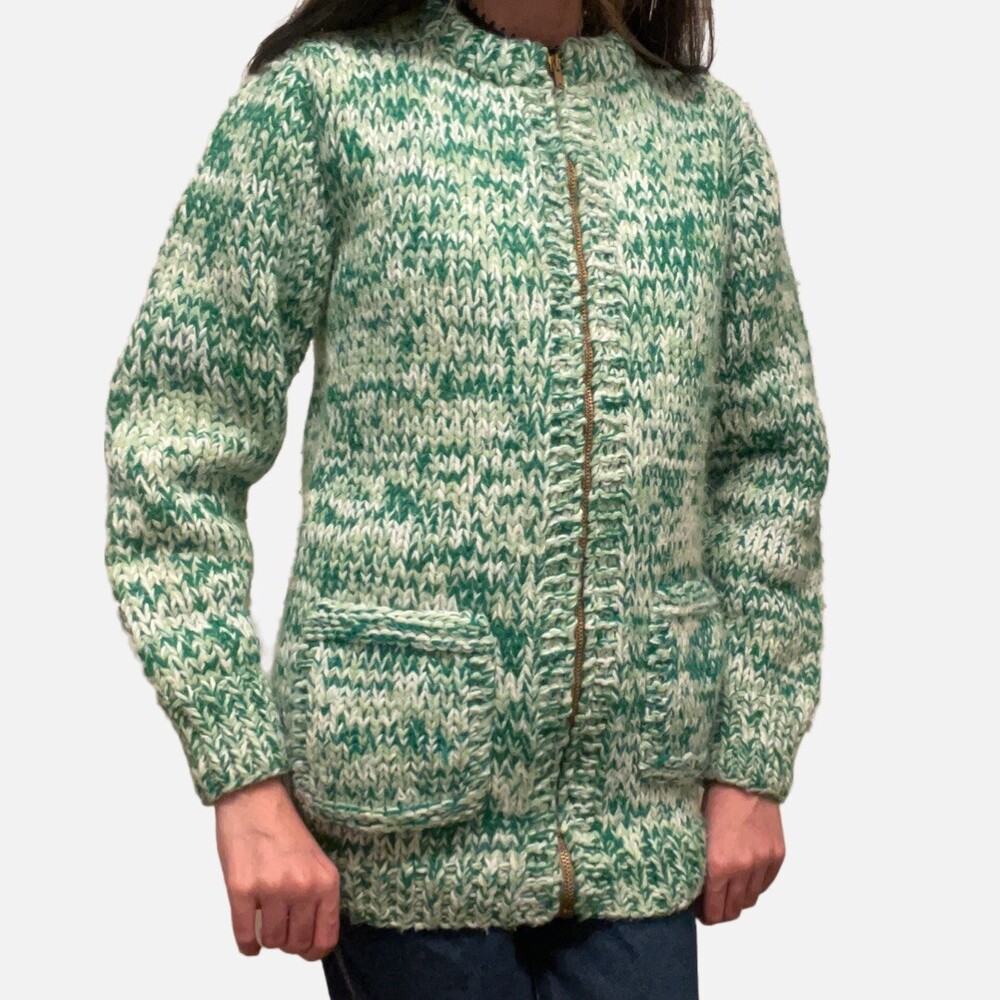 Vintage 60s Icelandic Wool Knit Talon Zip Marled Green Cardigan Sweater Adult S